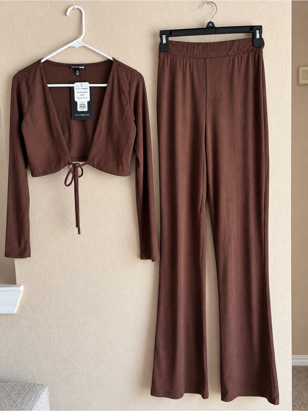 Fashion Nova Looking Fine Pant Set Brown Ribbed 2-Piece M NWT